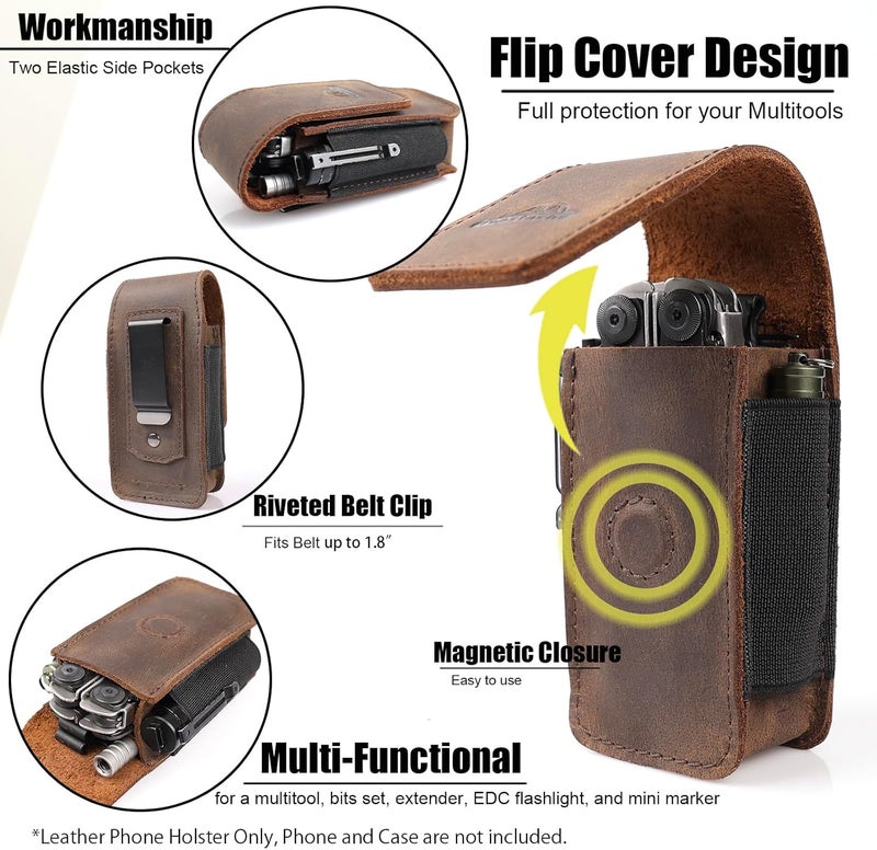 topstache Multitool Sheath for Men - Belt Leather Multitool Holster - EDC Belt Organizer for Leatherman, Gerber - Magnetic Closure Multitool Pouch Fits Folding Tool, Darkbrown - Image 3